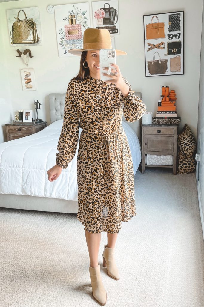 amazon leopard midi dress with hat and booties