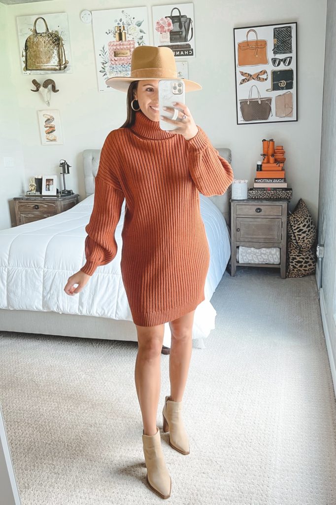 amazon rust sweater dress with hat and booties