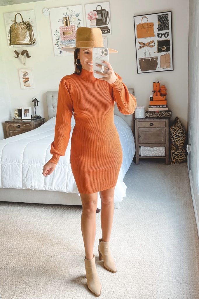 amazon orange sweater dress with hat and booties