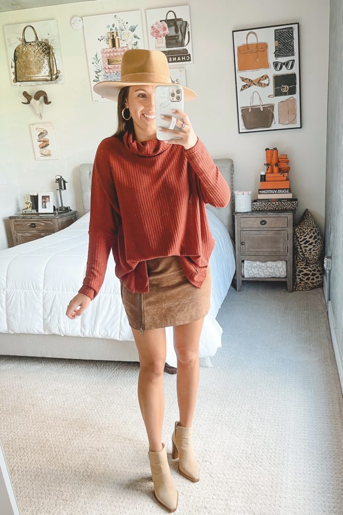 amazon red waffle knit with suede mini skirt and booties
