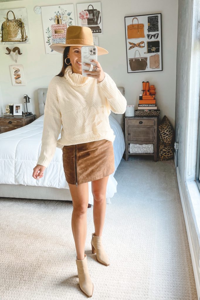 amazon cream turtleneck sweater with suede mini skirt and booties