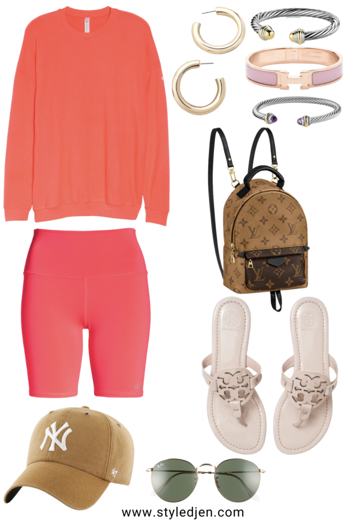 alo pink lava pullover and bike shorts