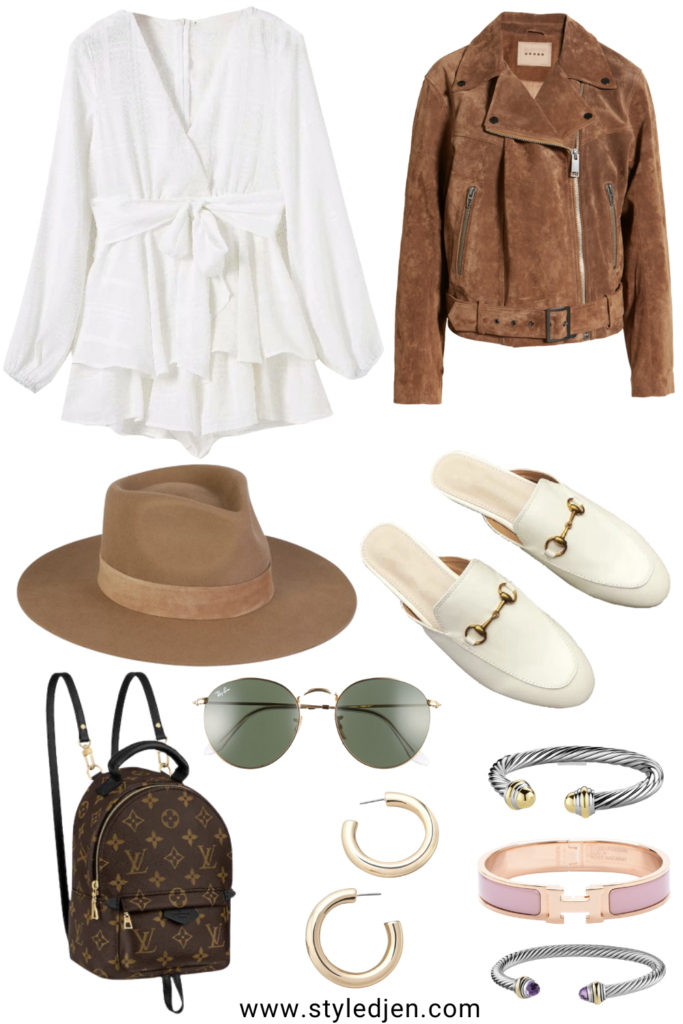 blanknyc suede moto jacket with goodnight macaroon white romper and lack of color mirage hat