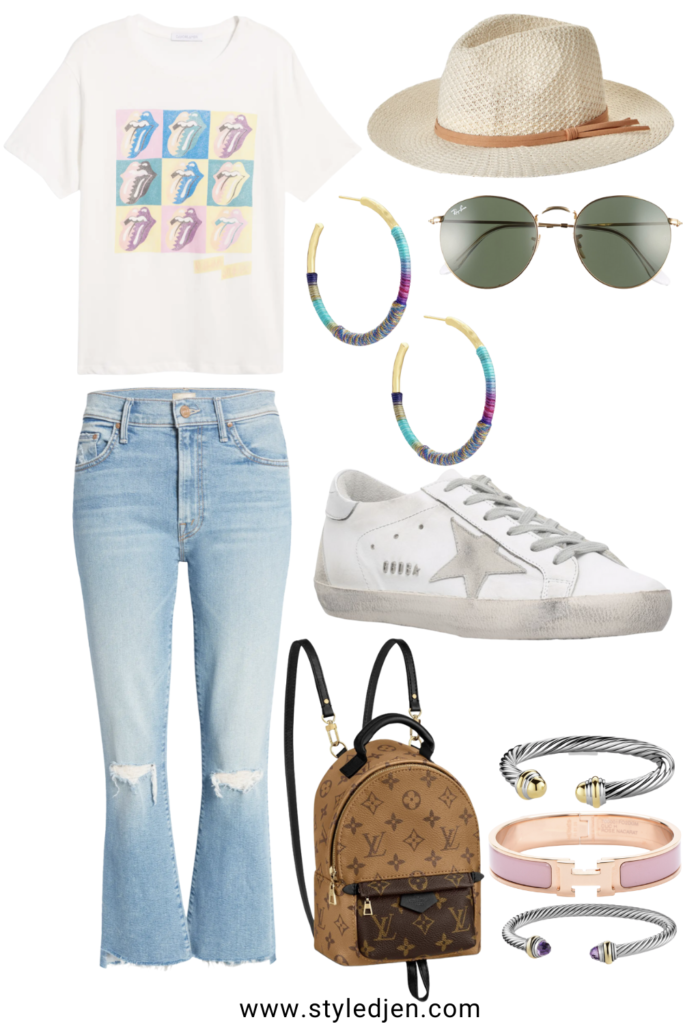 daydreamer rolling stones tee with mother the looker jeans and louis vuitton bag