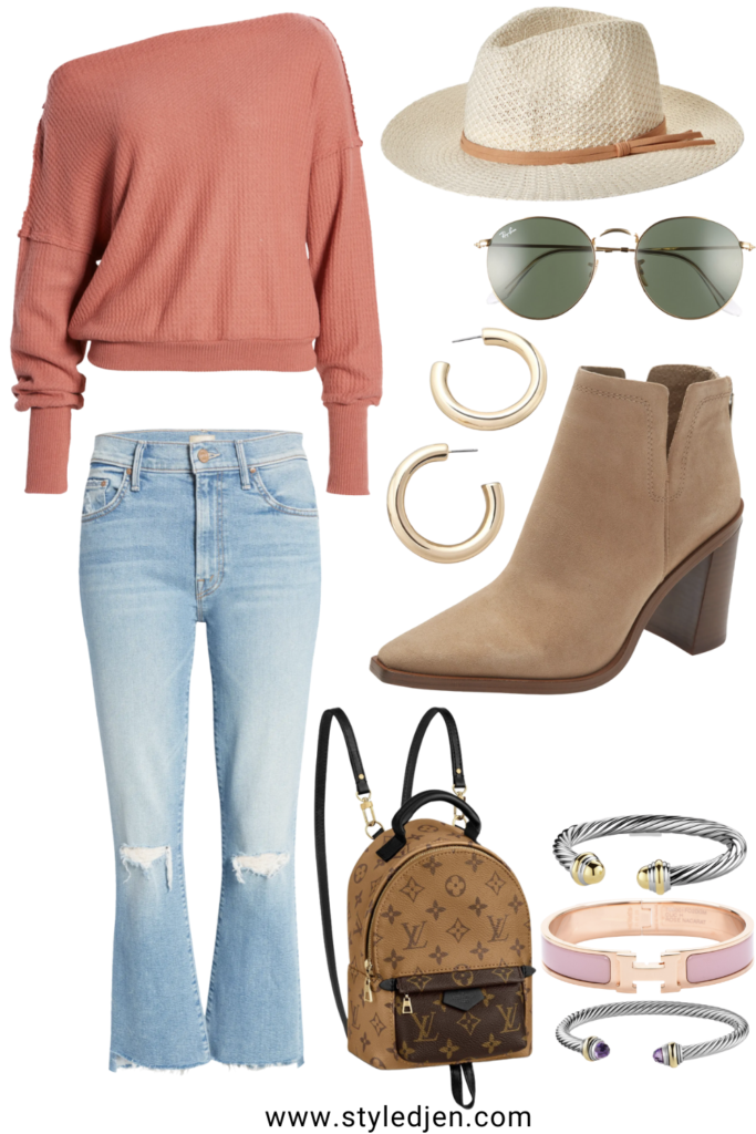 off the shoulder waffle knit with mother insider crop denim and vince camuto booties