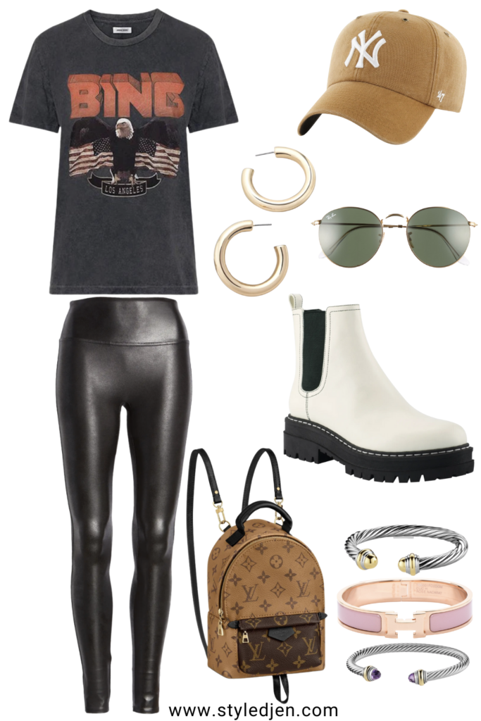 spanx faux leather leggings with marc fisher padmia chelsea boots and anine bing tee