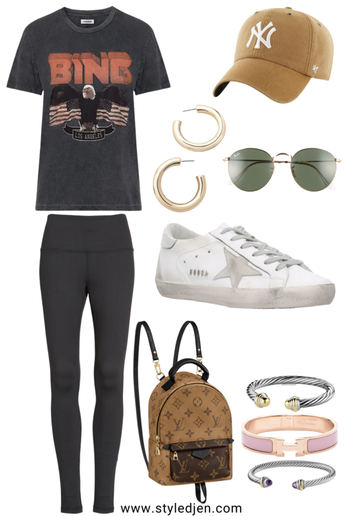 zella black leggings with anine bing tee and golden goose sneakers
