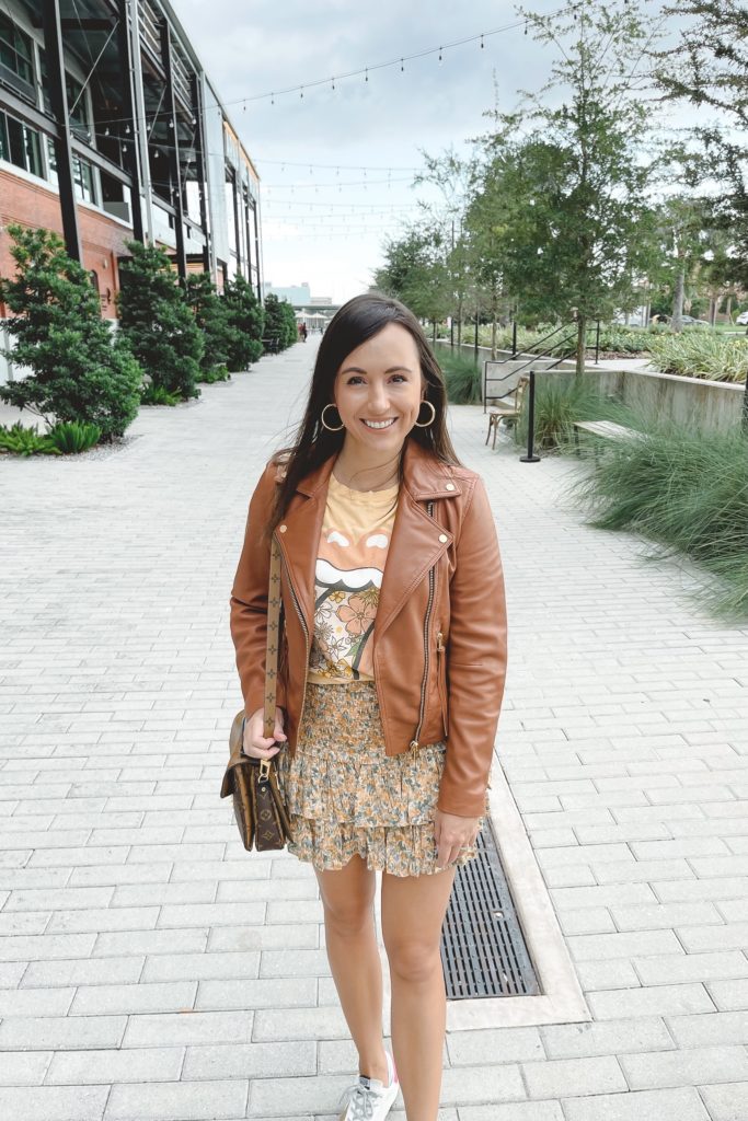 allsaints dalby moto jacket with band tee and ruffle mini skirt