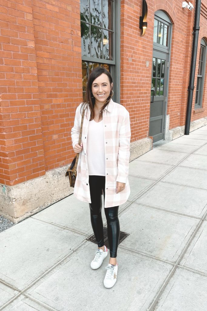 bb dakota eldridge shacket with faux leather leggings and golden goose sneakers