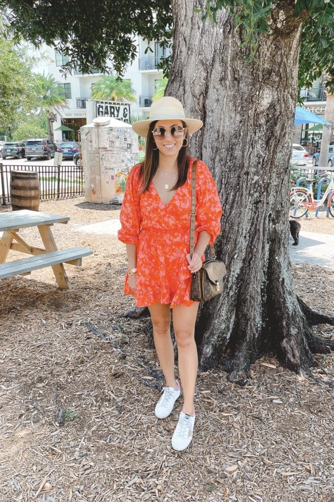 lovers friends reston dress with golden goose sneakers and hat