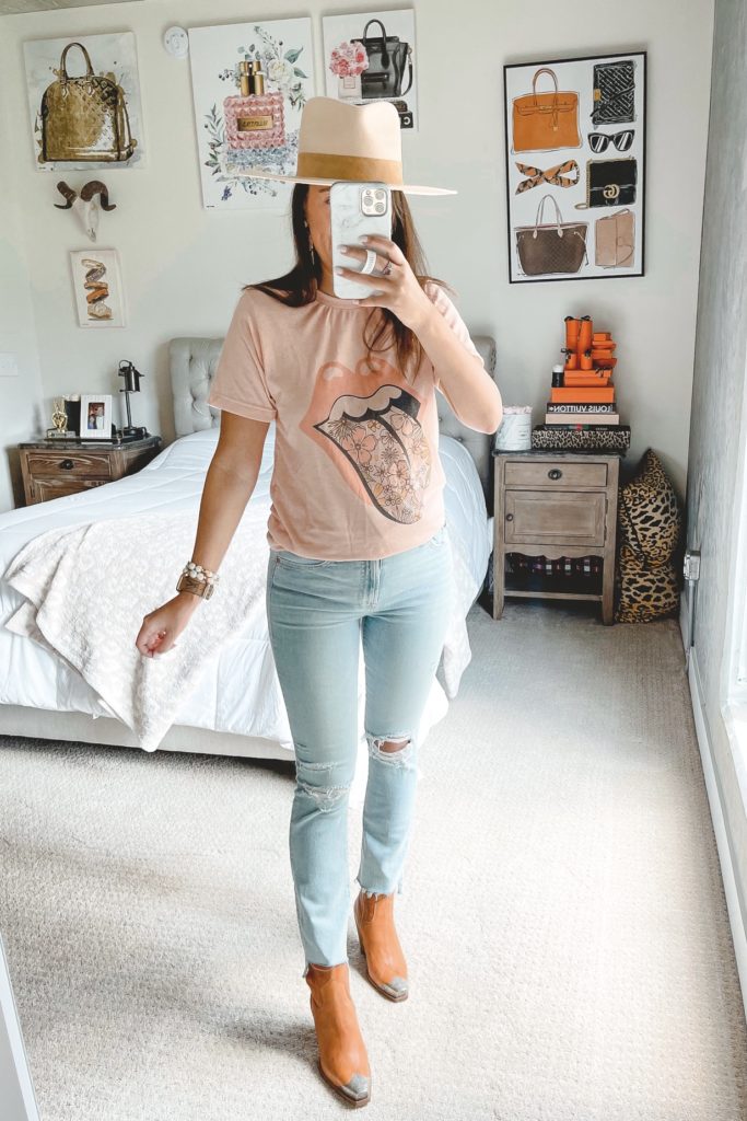 rolling stones floral tongue tee with mother insider denim and free people brayden boots