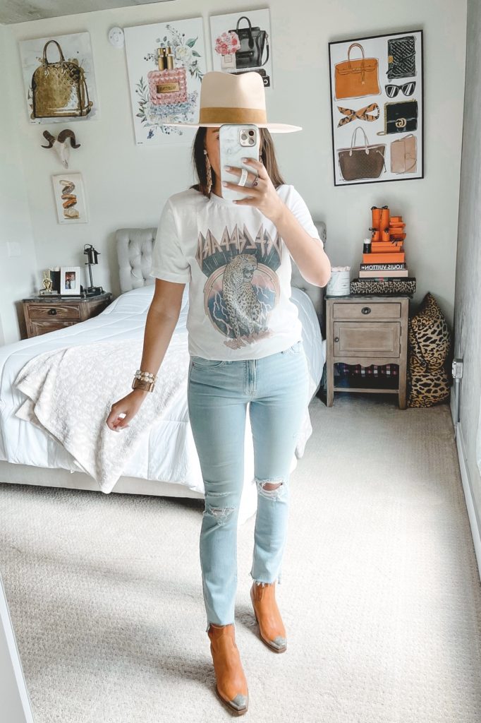 def leppard leopard tee with mother insider denim and free people brayden boots
