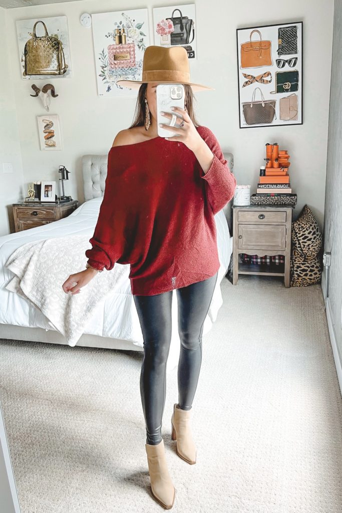 amazon red dolman sweater with spanx leggings and booties