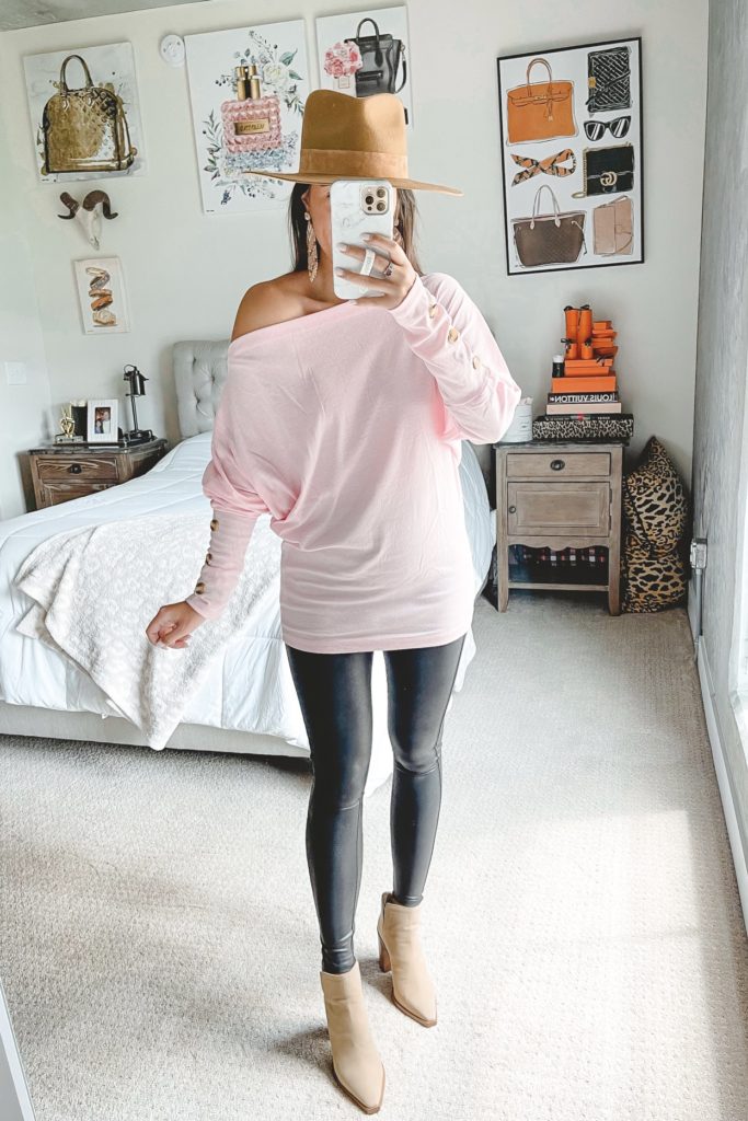 amazon pink fleece tunic with spanx leggings and booties