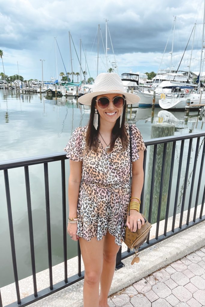 sugarlips rainbow leopard romper with louis vuitton palm springs mini and white fringe earrings