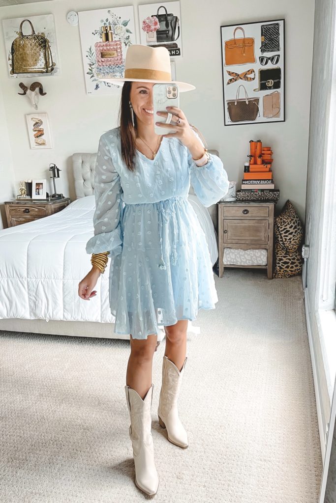 amazon blue dot dress with hat and cowgirl boots
