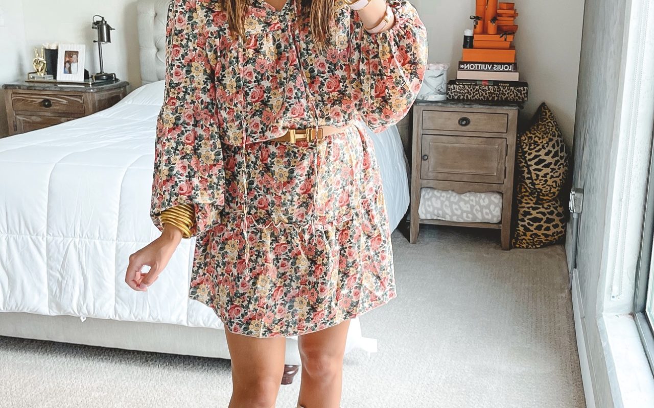 amazon floral dress with hermes belt and cowgirl boots
