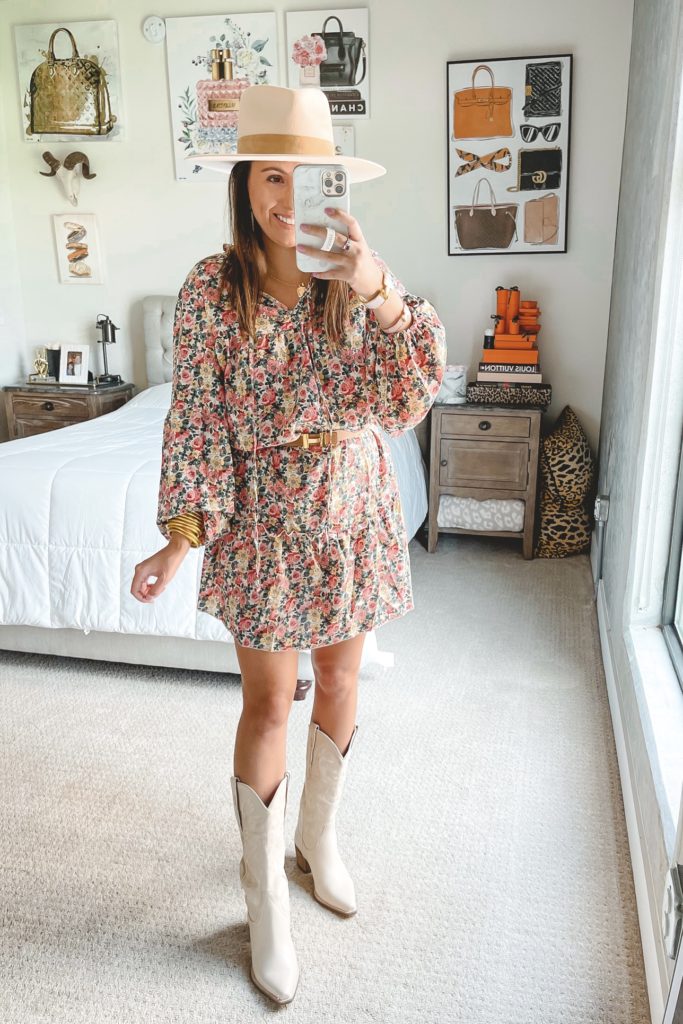 amazon floral dress with hermes belt and cowgirl boots