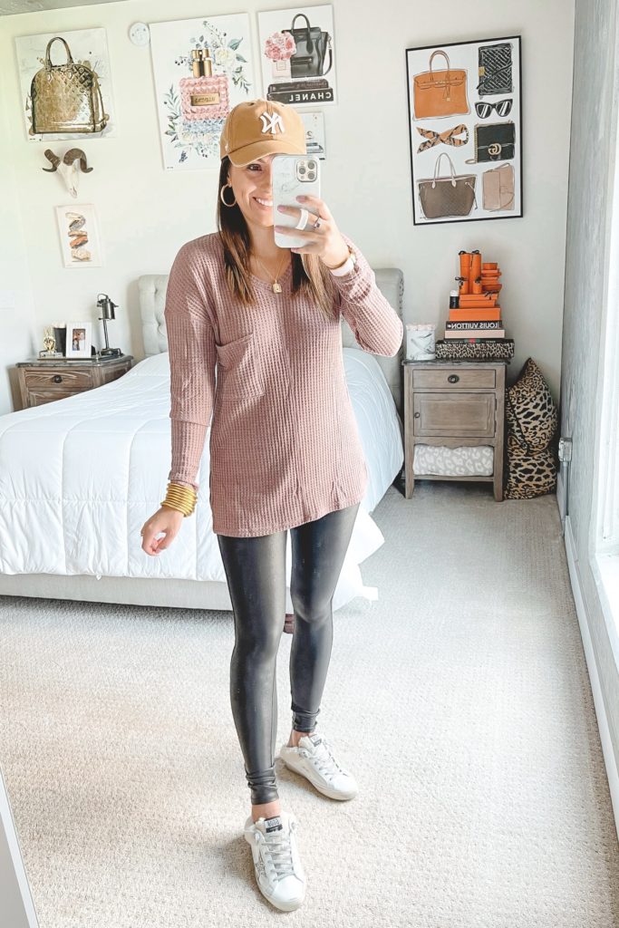 amazon waffle knit top with faux leather leggings and golden goose shearling mules