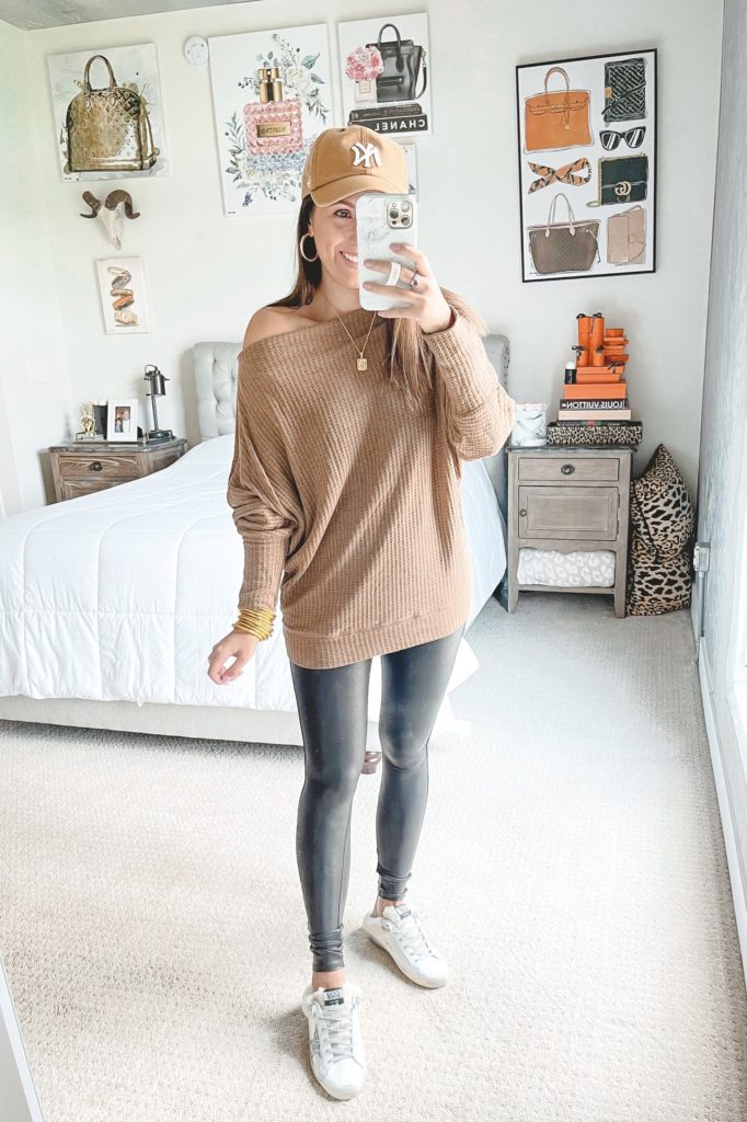 amazon off the shoulder waffle knit tunic with faux leather leggings and golden goose shearling mules