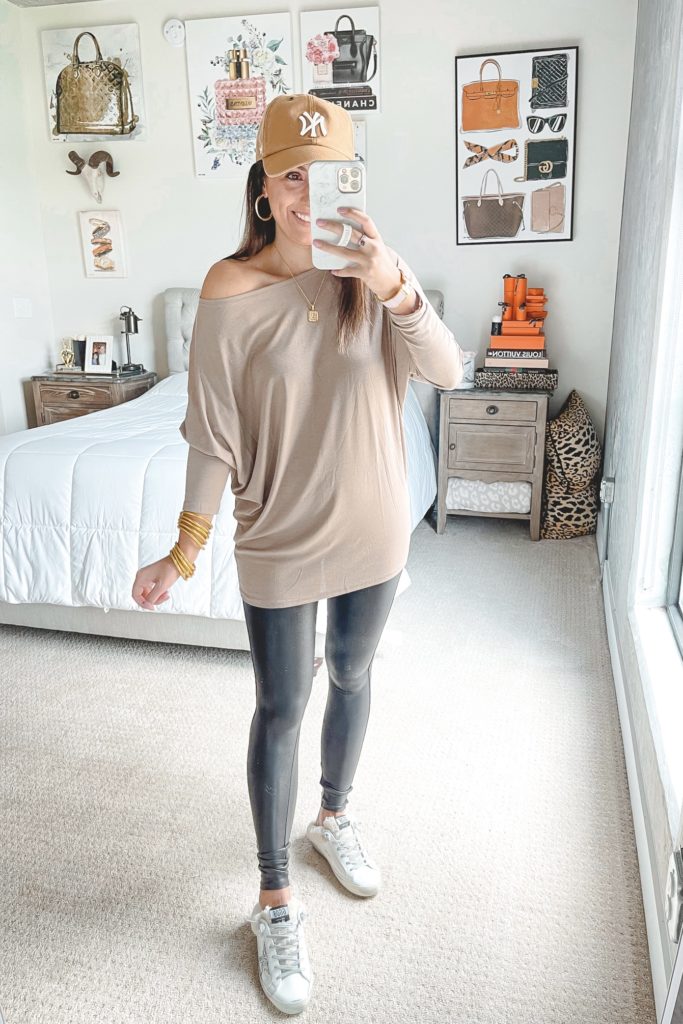 amazon off the shoulder tunic with faux leather leggings and golden goose shearling mules