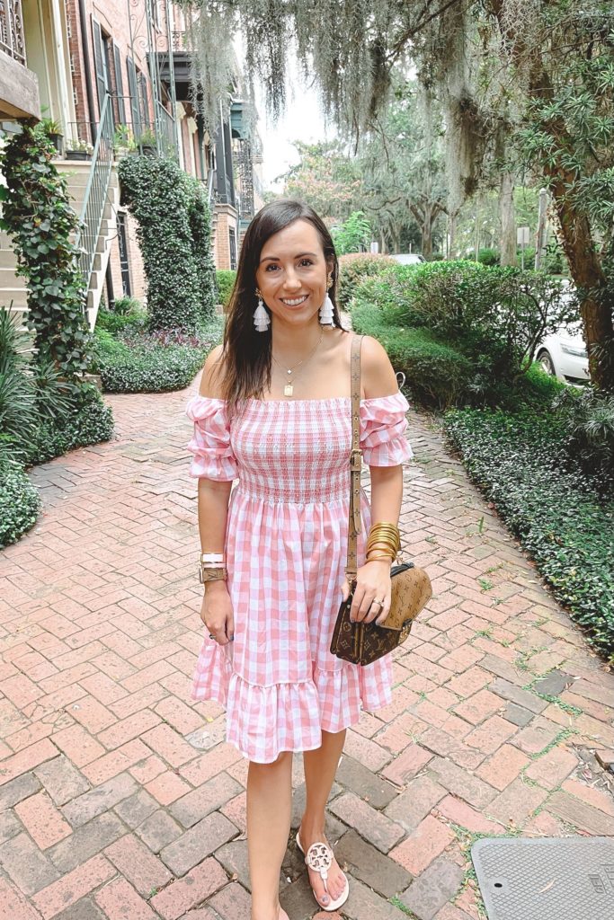 pink gingham dress in savannah