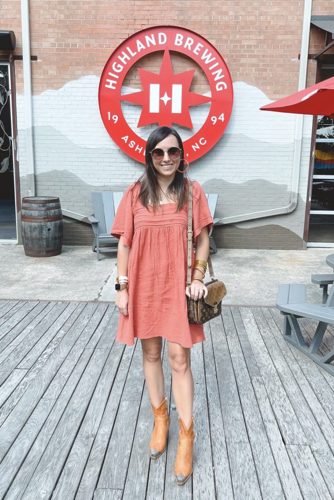 rust dress with free people brayden boots at highland brewery