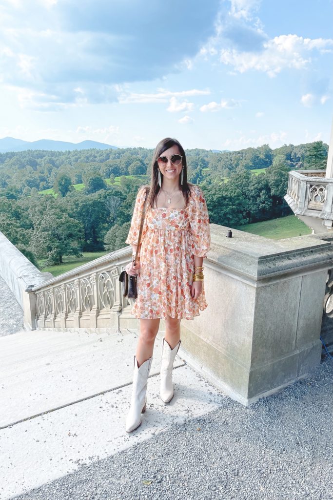 floral dress with jeffrey campbell dagget boots at the biltmore