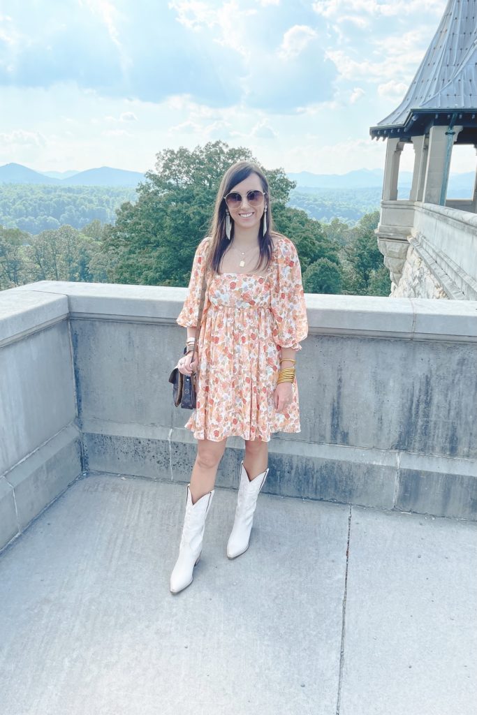 floral dress with jeffrey campbell dagget western boots at the biltmore