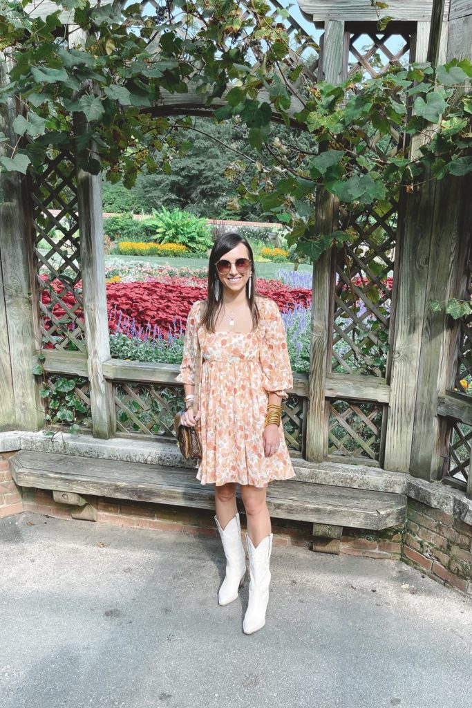 floral dress with jeffrey campbell dagget boots at the biltmore gardens