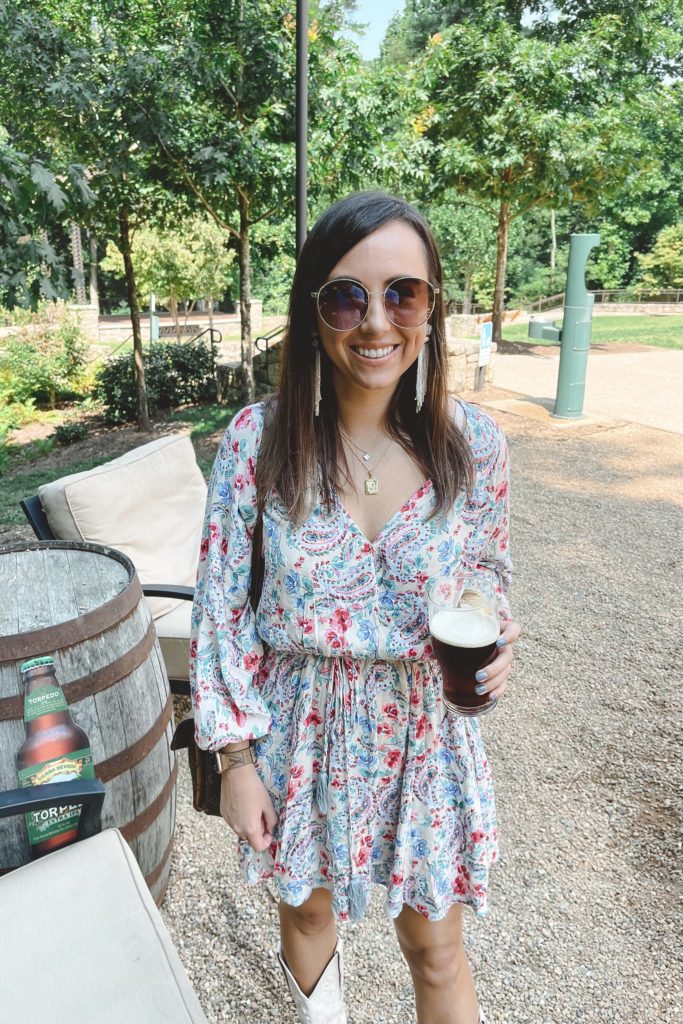 blue floral dress with jeffrey campbell dagget boots at sierra nevada brewery