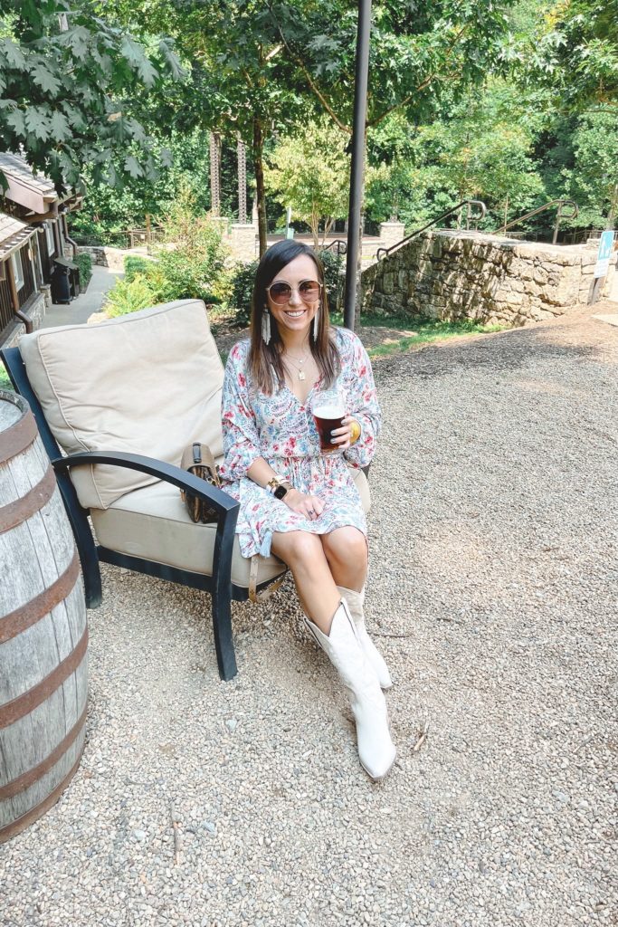 blue floral dress with jeffrey campbell western dagget boots at sierra nevada brewery asheville