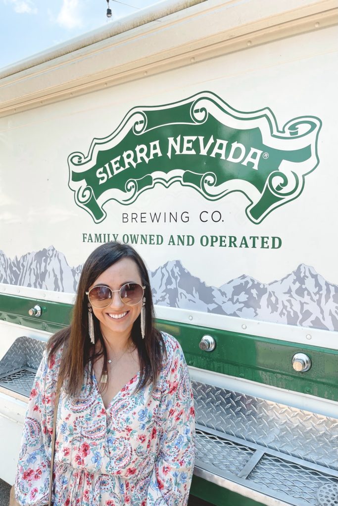 blue floral dress with gucci sunglasses at sierra nevada brewery asheville