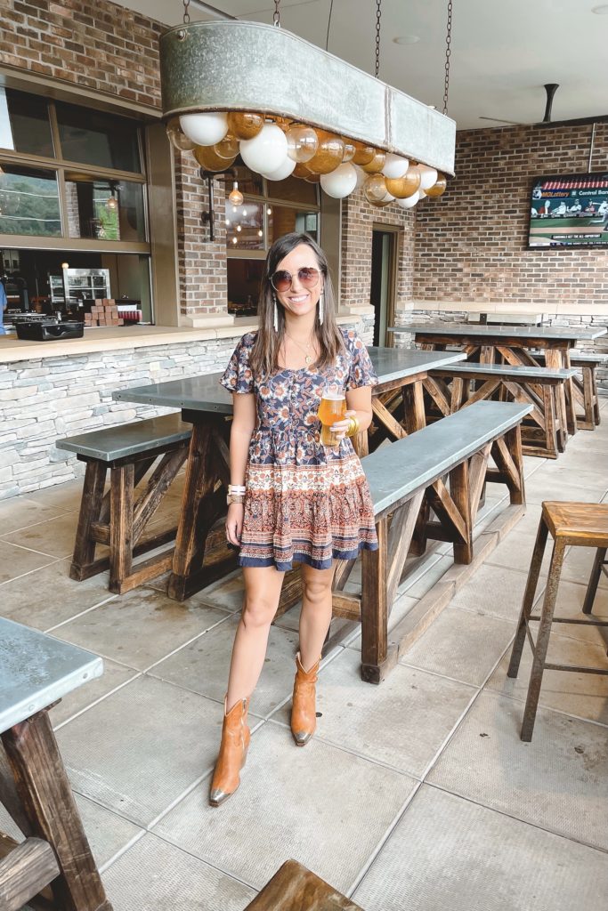 patterned mini dress with free people brayden boots at green man brewery