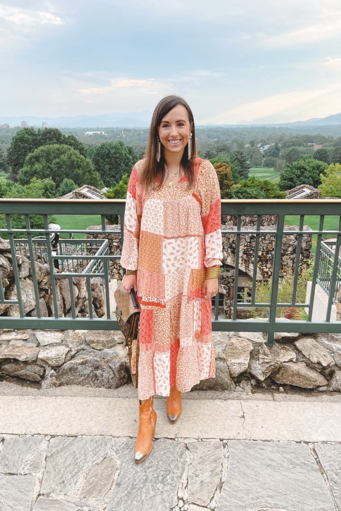 boho fall maxi dress with free people brayden western boots at grove park inn asheville