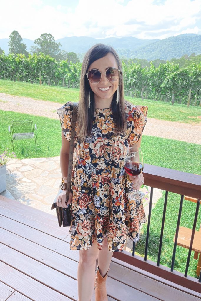 floral dress with gucci sunglasses at winery