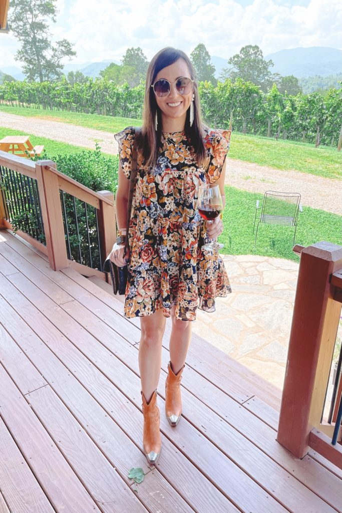 floral dress with gucci sunglasses at addison farms winery