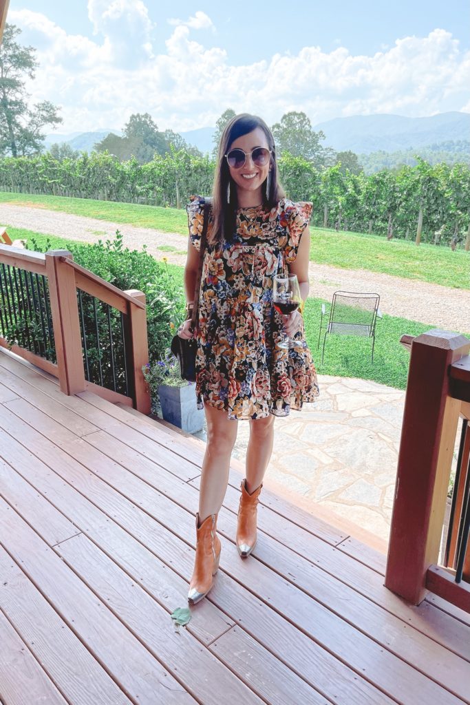 floral dress with gucci sunglasses at addison farms vineyard