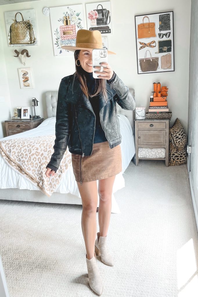 faux leather moto jacket with suede mini skirt and booties
