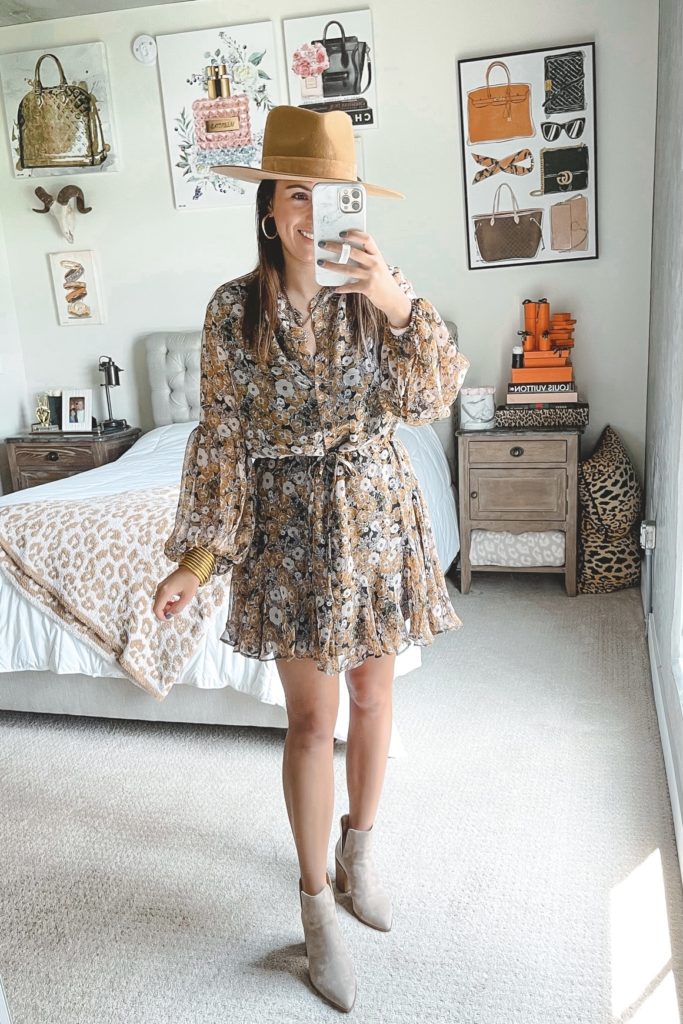 fall floral dress with booties and lack of color hat