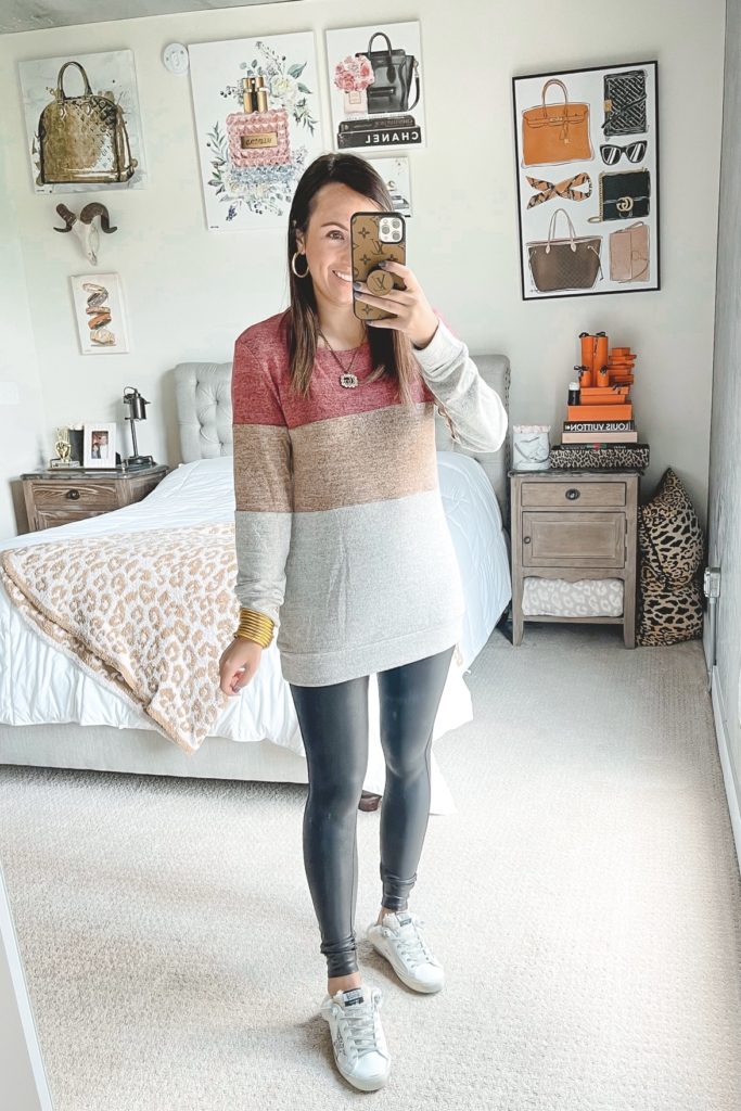 amazon burgundy stripe fleece tunic with spanx leggings and golden goose shearling mules