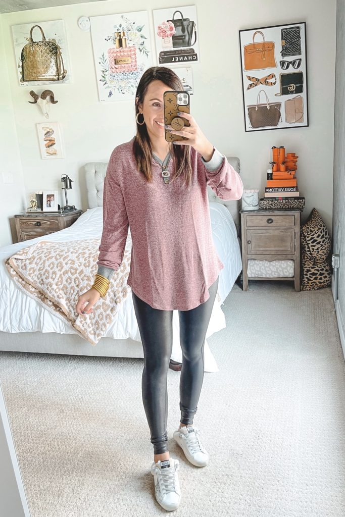 amazon burgundy long sleeve tunic with spanx leggings and golden goose shearling mules