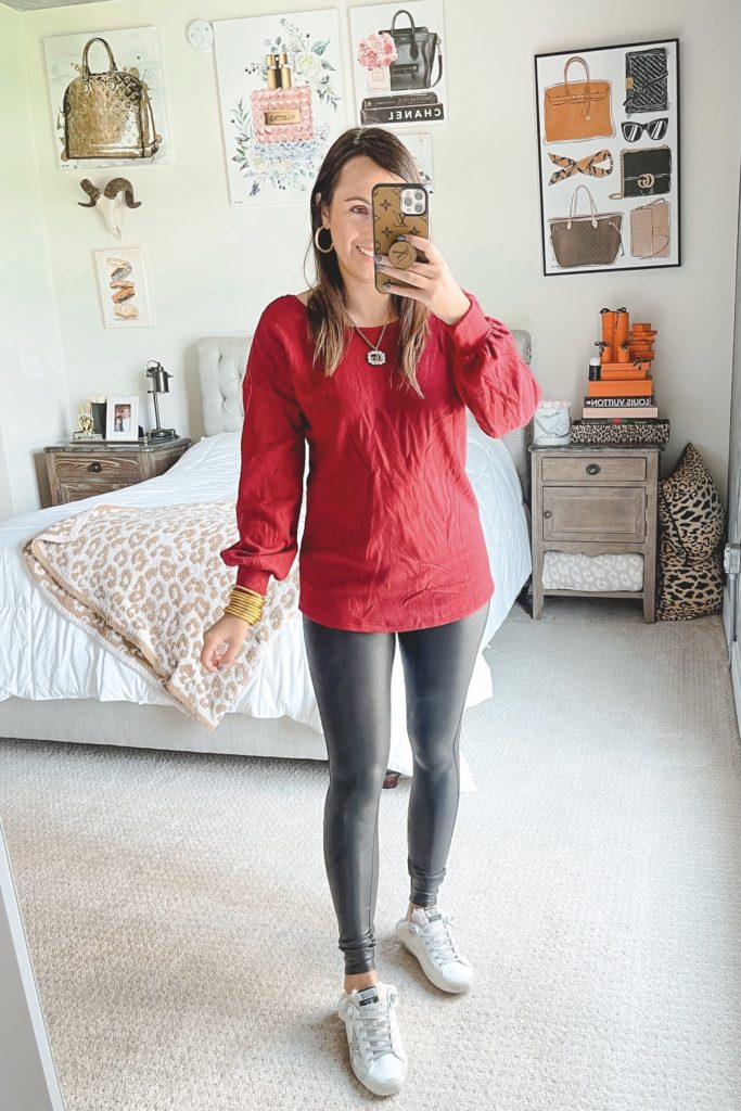 amazon burgundy fleece tunic with spanx leggings and golden goose shearling mules