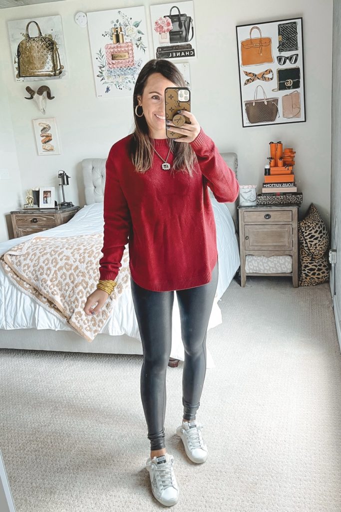 amazon burgundy sweater with spanx leggings and golden goose shearling mules