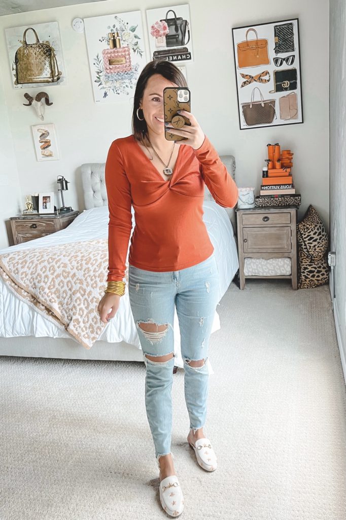 amazon orange twist front top with ripped skinny jeans and mules