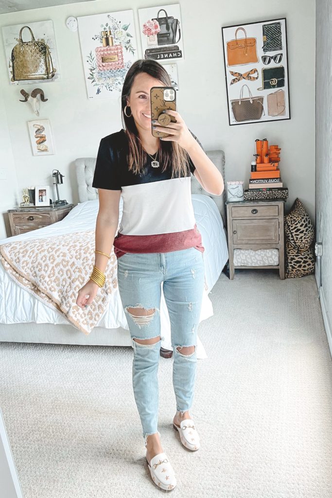 amazon stripe tee with ripped skinny jeans and mules