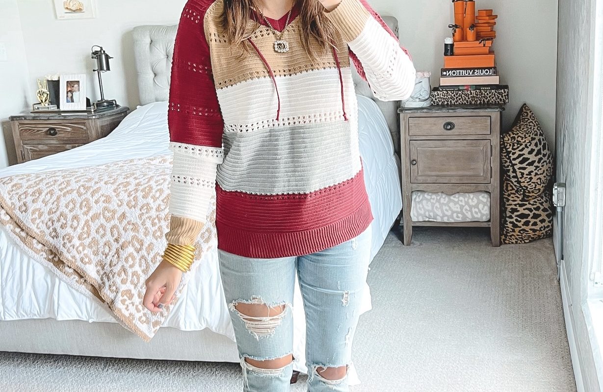 amazon burgundy stripe hooded sweater with ripped jeans and mules