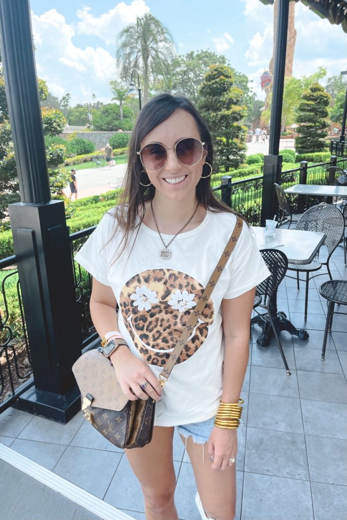 leopard smiley tee with gucci necklace and budhagirl bracelets
