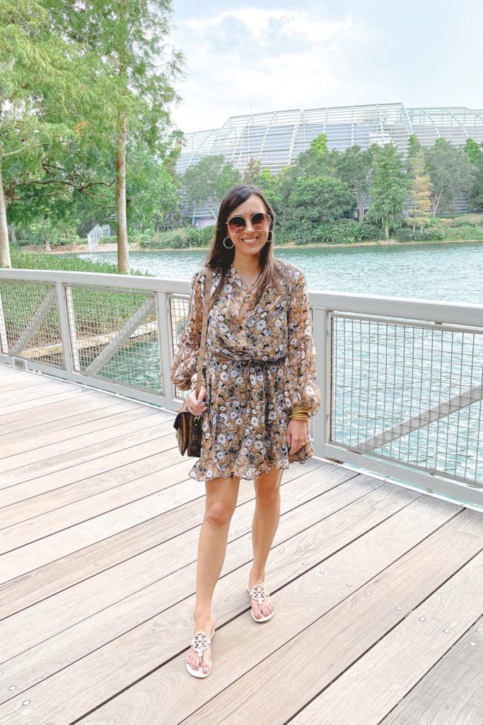 long sleeve floral dress with tory burch sandals at universal studios