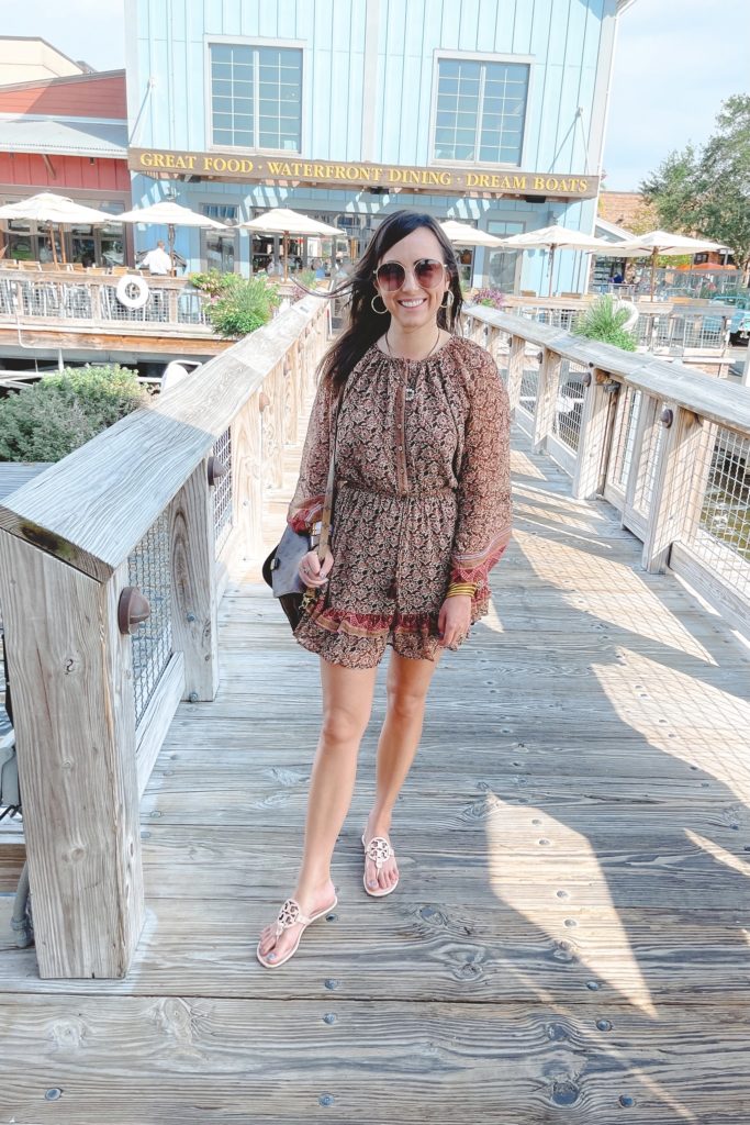 long sleeve boho mini dress with tory burch sandals at boathouse orlando